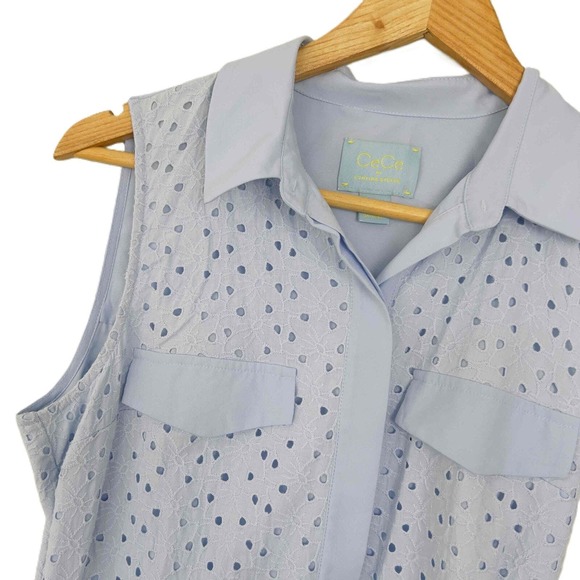 CeCe Cynthia Steffe Size 6 Shirt Dress Eyelet Sleeveless Collar Belted Pockets - Picture 5 of 14